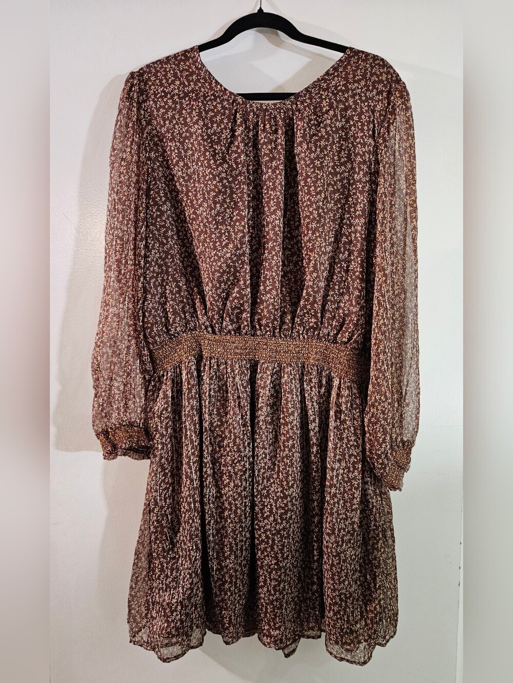 NWT 2X Dex Boho Smocked Waist Floral Mini Dress Brown Shimmer Long Sleeve Ditsy